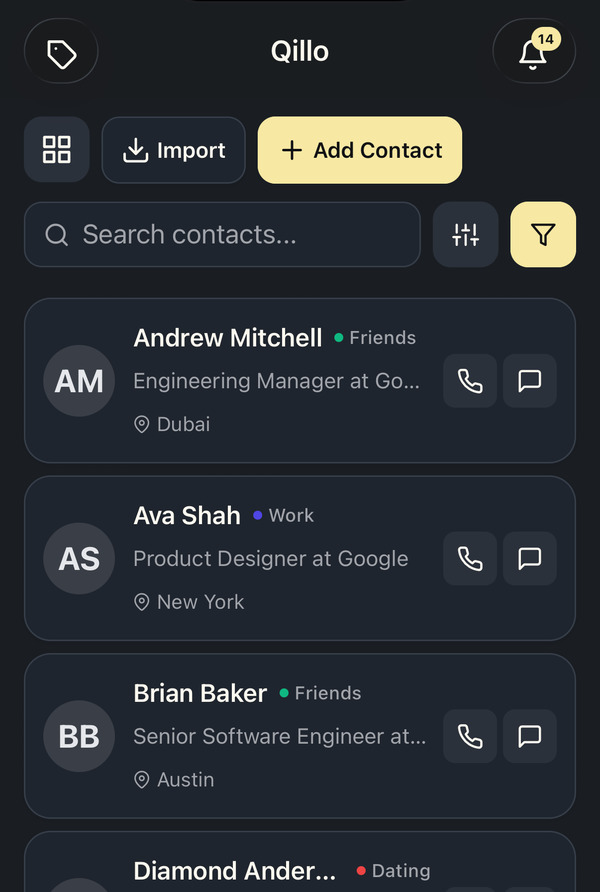 Qillo contacts list